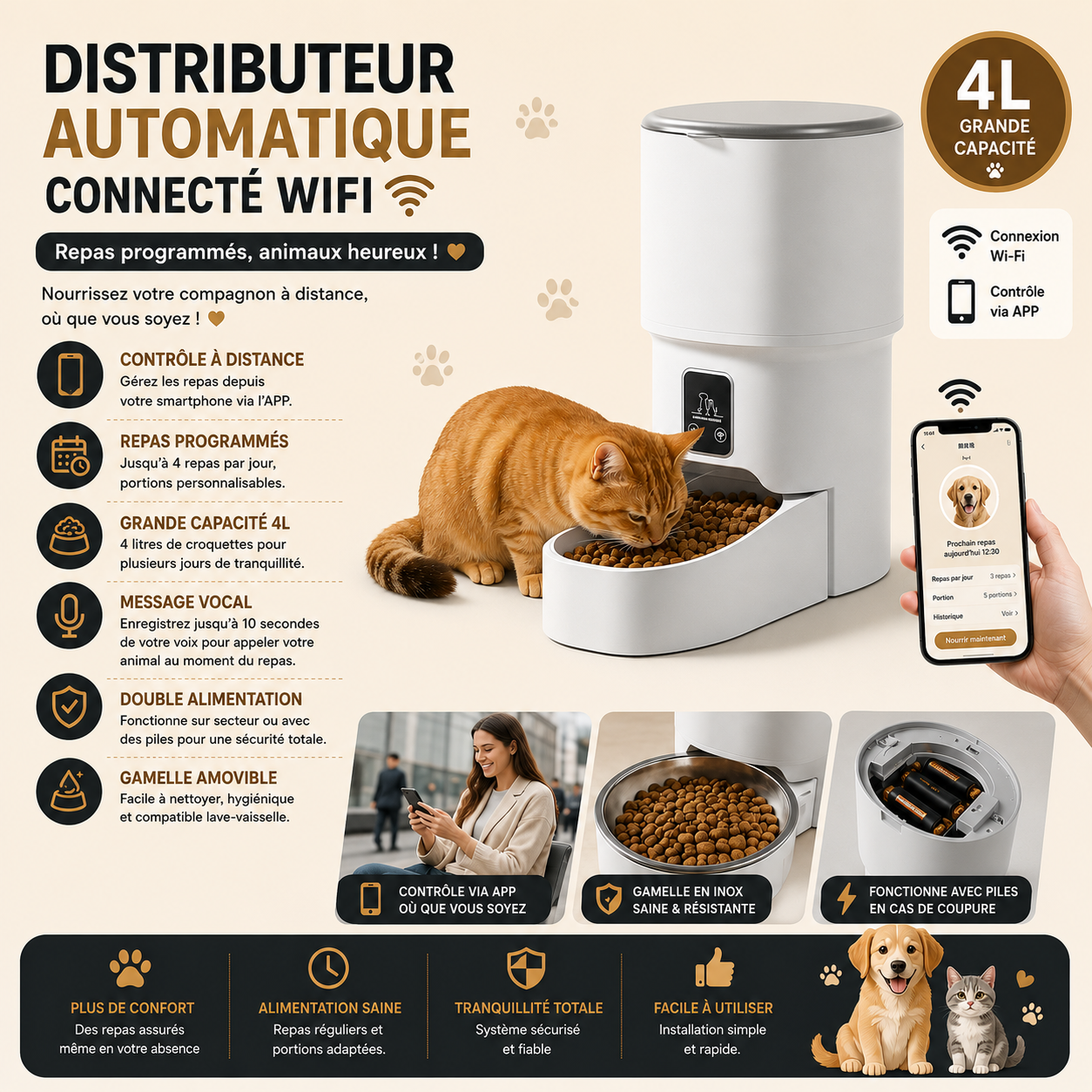 Distributeur automatique de croquettes connecté Wi-Fi pour chiens et chats