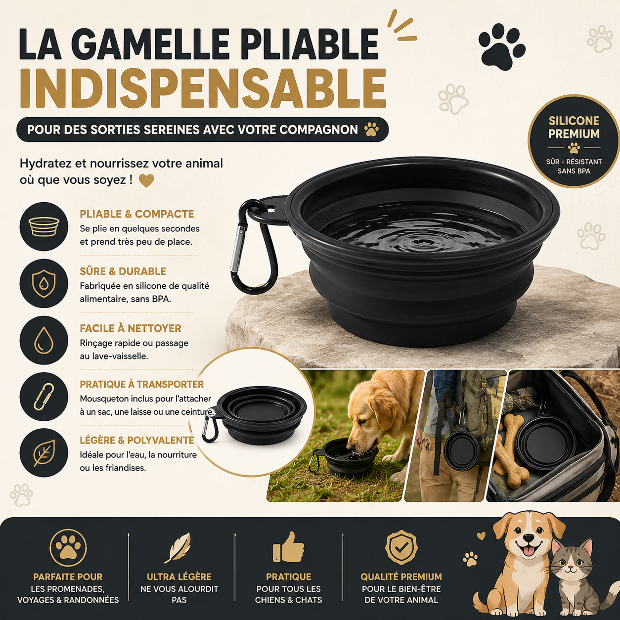 Bols Pliables en Silicone pour Chiens et Chats – Idéals pour les Balades, Voyages, Randonnées et Camping, Compatibles Lave-Vaisselle, avec 2 Mousquetons