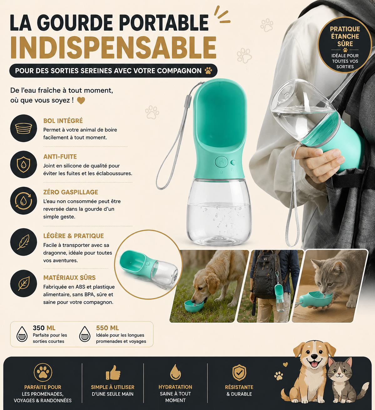 Gourde d'eau portable pour chiens et chats – Distributeur d'eau de voyage anti-fuite