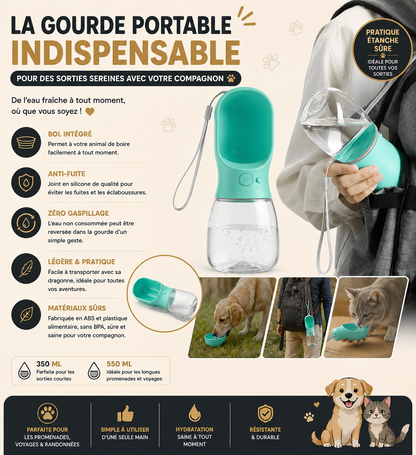Gourde d'eau portable pour chiens et chats – Distributeur d'eau de voyage anti-fuite