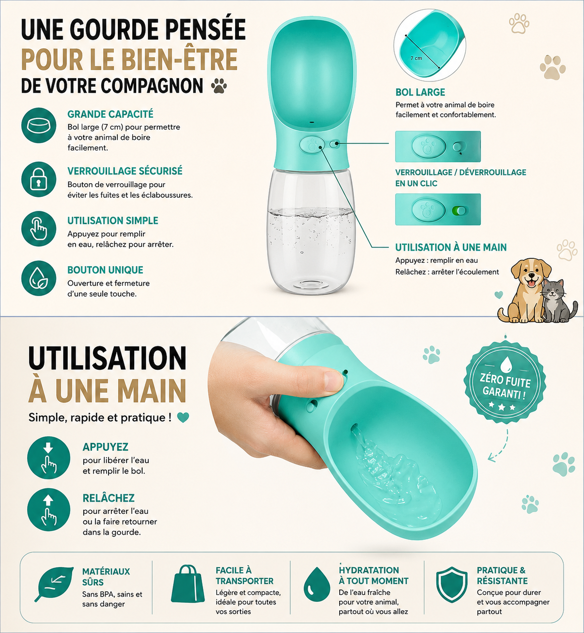 Gourde d'eau portable pour chiens et chats – Distributeur d'eau de voyage anti-fuite