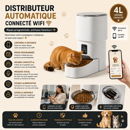 Distributeur automatique de croquettes connecté Wi-Fi pour chiens et chats