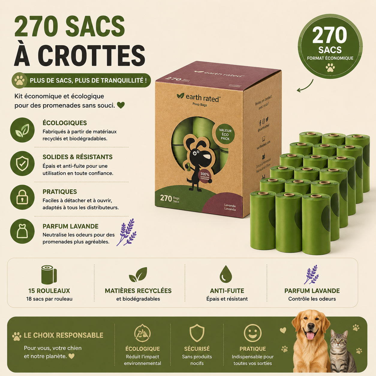 Sachets hygiéniques parfumés lavande pour chiens — 270 sacs inclus