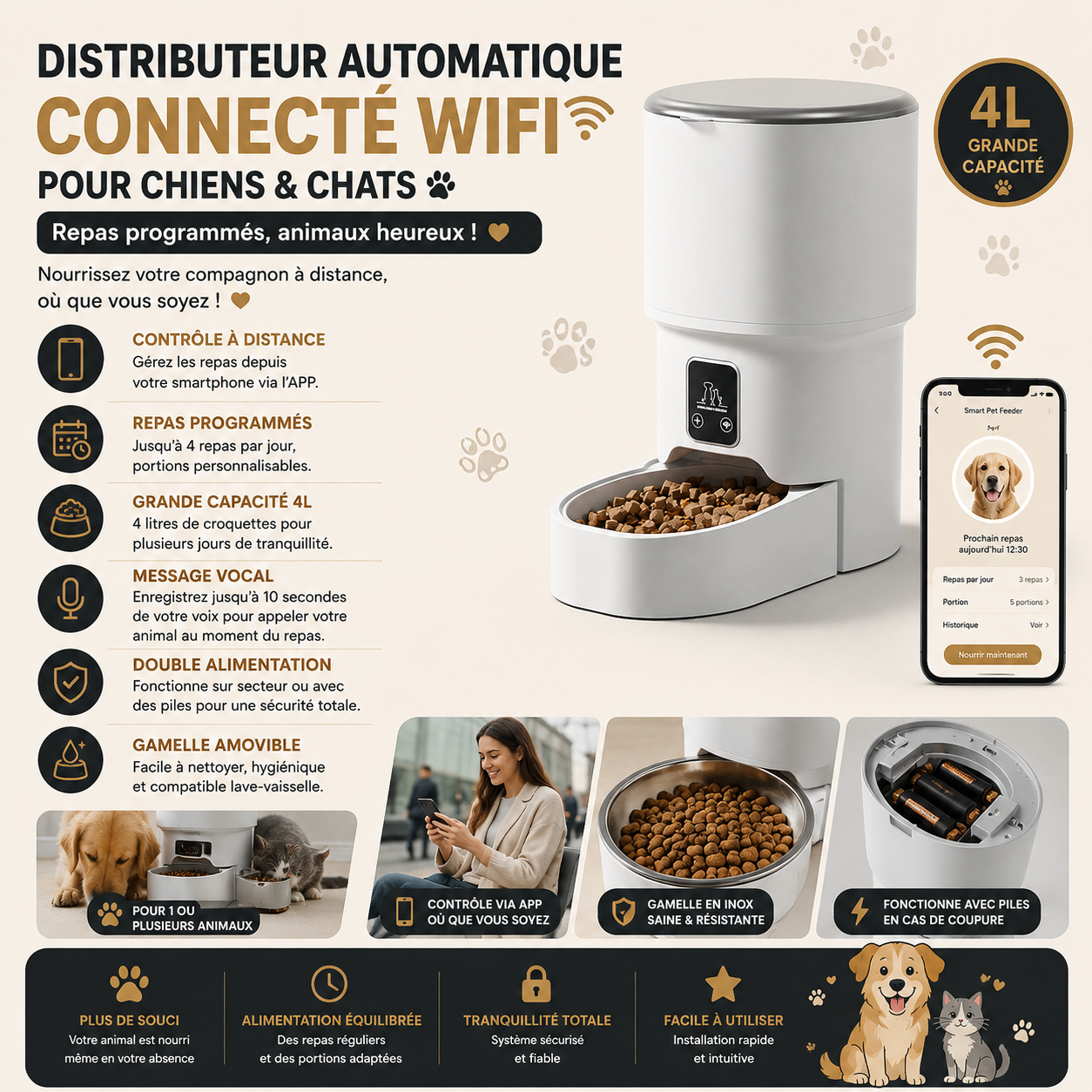 Distributeur automatique de croquettes connecté Wi-Fi pour chiens et chats