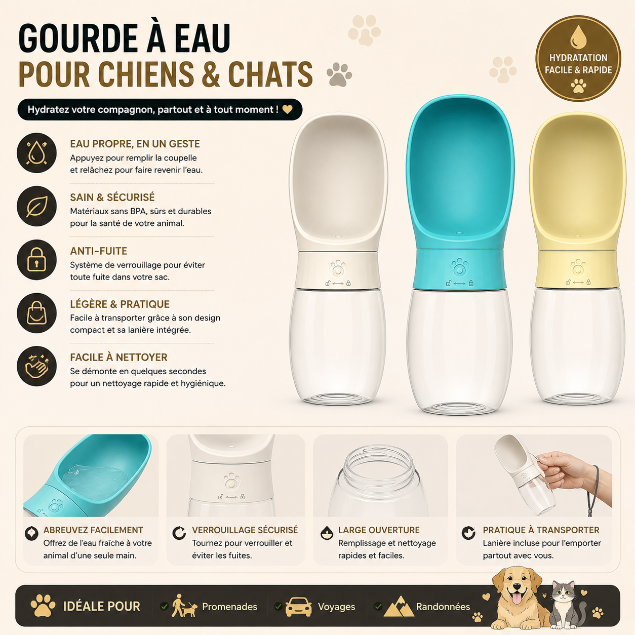Gourde d'eau portable pour chiens et chats – Distributeur d'eau de voyage anti-fuite